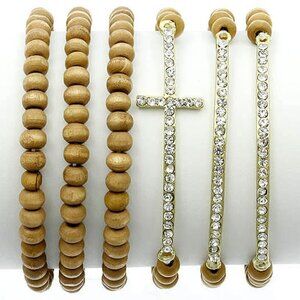 Clear Crystal Cross Accent Wood Beaded Stretch Bracelets Set of 6